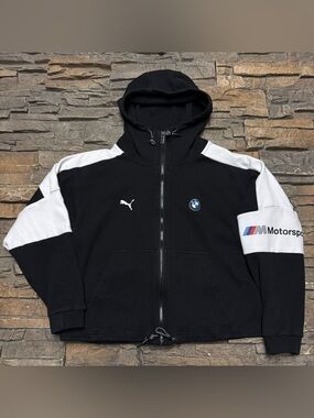 Puma BMW Motorsport Hoodie Sweatshirt Women’s Small Zip Up Pockets Cropped Black